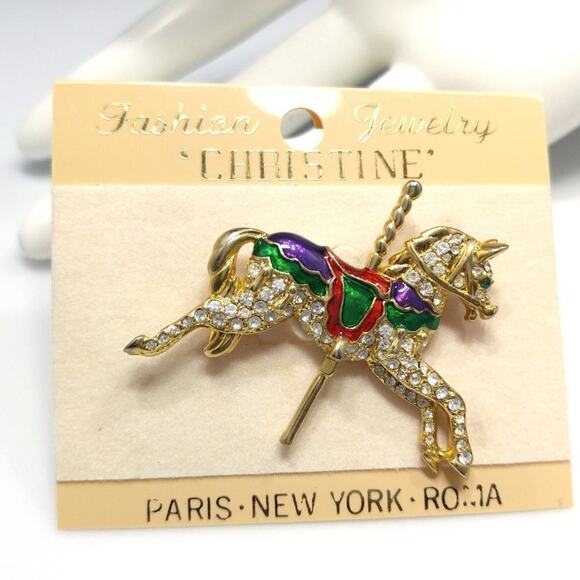 Vintage Carousel Horse Rhinestone Brooch, Red Green Enamel, Taiwan, 2 Inches - Picture 9 of 10